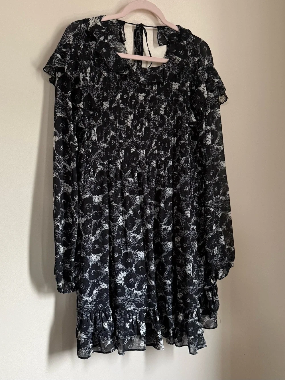Free People These Dreams Sheer Floral Print Ruffle Trim Mini Dress Size Medium